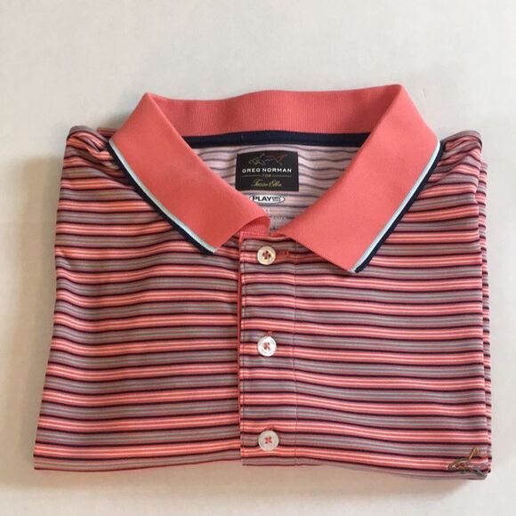 Greg Norman for Tasso Elba Polo Golf Shirt Men's XL Play Dry Salmon Striped - Picture 11 of 12